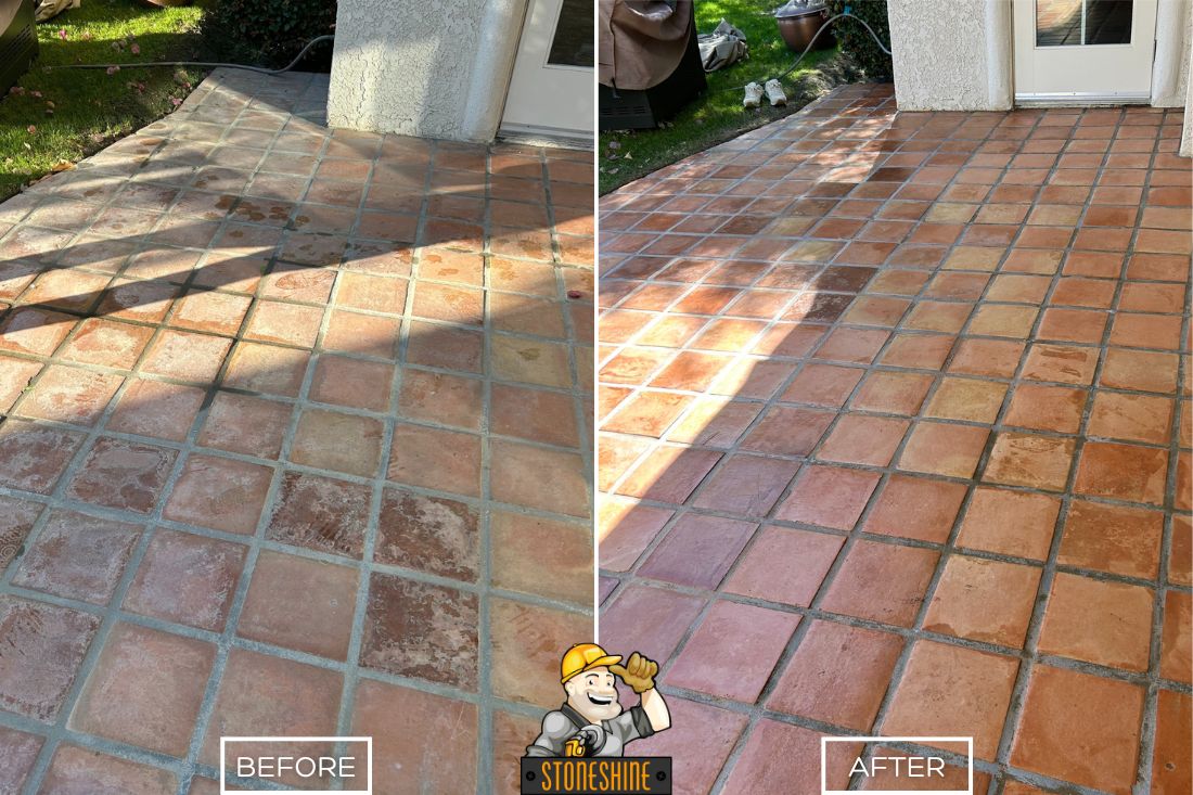 StoneShine revitalized this Saltillo patio in Palm Desert with expert cleaning and sealing. The once dull and stained tiles now showcase rich, warm tones and a refreshed finish, perfect for outdoor living.