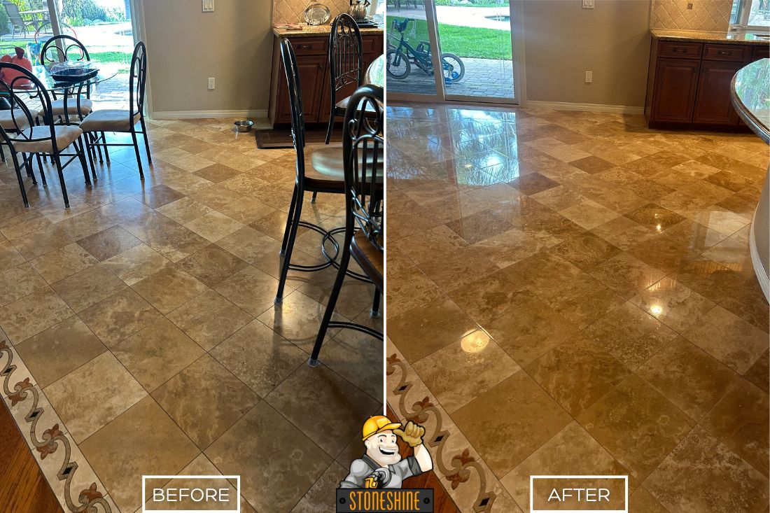 Before and after of StoneShine's travertine floor polishing service in Laguna Beach. A dull residential dining area floor is restored to a glossy, reflective finish, enhancing its elegance and brightness.