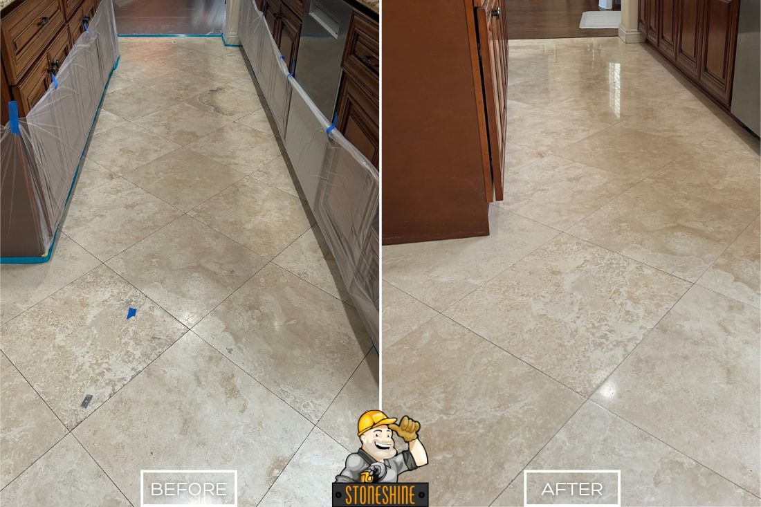 StoneShine restored a travertine kitchen floor in Placentia, transforming a worn, dull surface into a clean, polished finish that brightens the entire space.