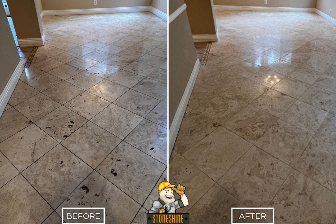 Before and after of StoneShine's travertine hole repair service in Los Angeles. A stained and pitted residential floor is restored to a smooth, clean, and polished to satin finish.