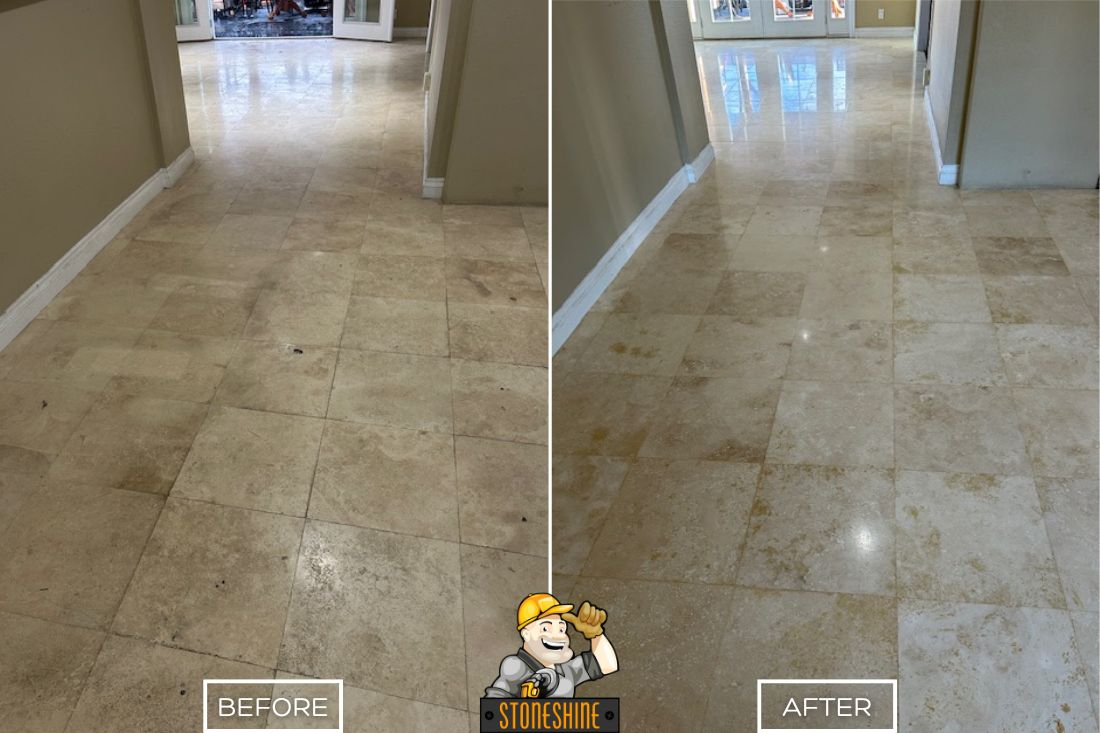 Before and after of StoneShine's travertine repair and restoration service in Laguna Beach. A residential hallway floor with a visible hole and dull finish is expertly repaired and restored to its natural beauty with a smooth, polished, and vibrant surface.
