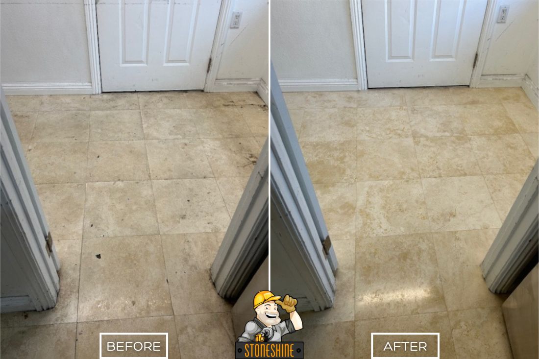 StoneShine's travertine restoration in Laguna Beach brought this entryway back to life. What was once a stained, dull floor with a visible hole near the corner is now clean, smooth, and naturally polished, blending seamlessly with the rest of the space.