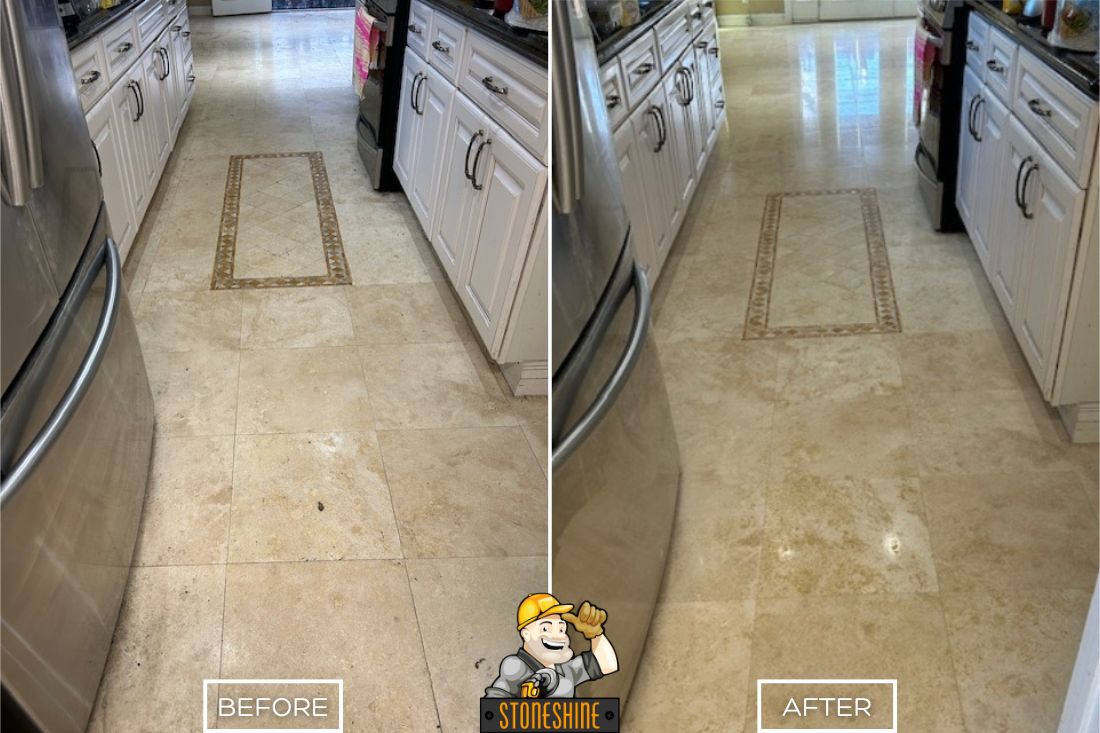 In this Laguna Beach kitchen, StoneShine repaired a damaged travertine floor, patching a hole and lifting years of grime. The dull tiles now gleam with a warm, polished finish that highlights the decorative inlay and restores the elegance of the space.
