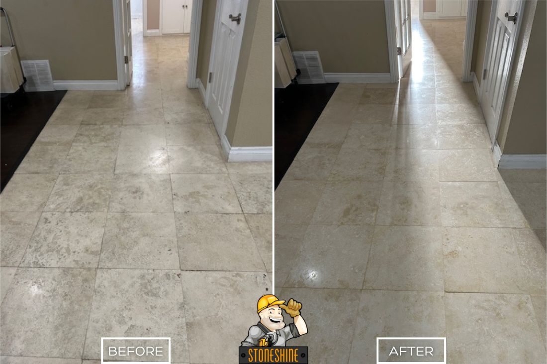 The hallway’s worn and etched travertine floor, including a patched hole, now shines with a clean, even finish that blends beautifully into the surrounding space through restoration.