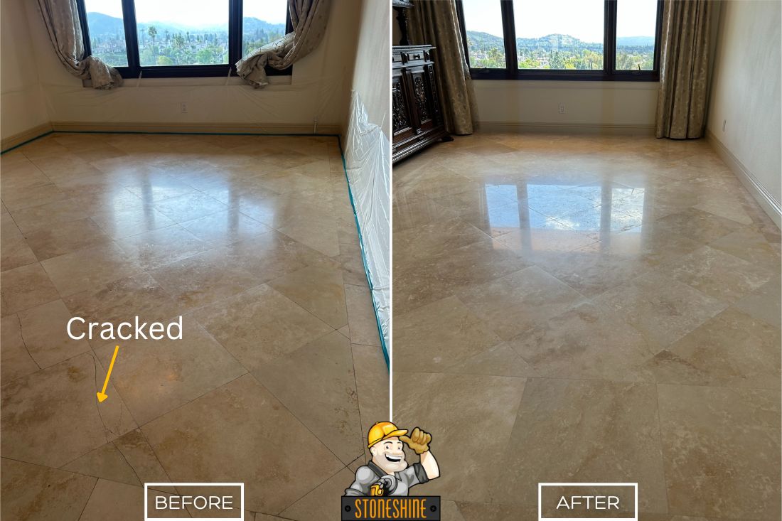 Before and after of StoneShine's travertine repair and restoration service in Lake Forest. A cracked and dull residential floor is transformed into a smooth, polished surface with a renewed finish and enhanced appearance.