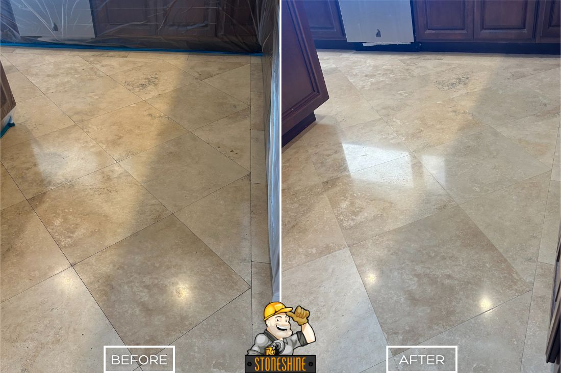 StoneShine restored this travertine kitchen floor in Lake Forest, bringing new life to a dull, worn surface with a smooth, polished finish that brightens the space.