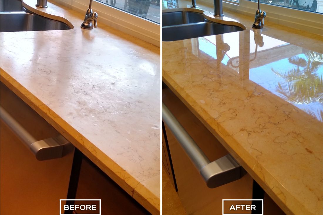 Before and after of marble countertop polishing