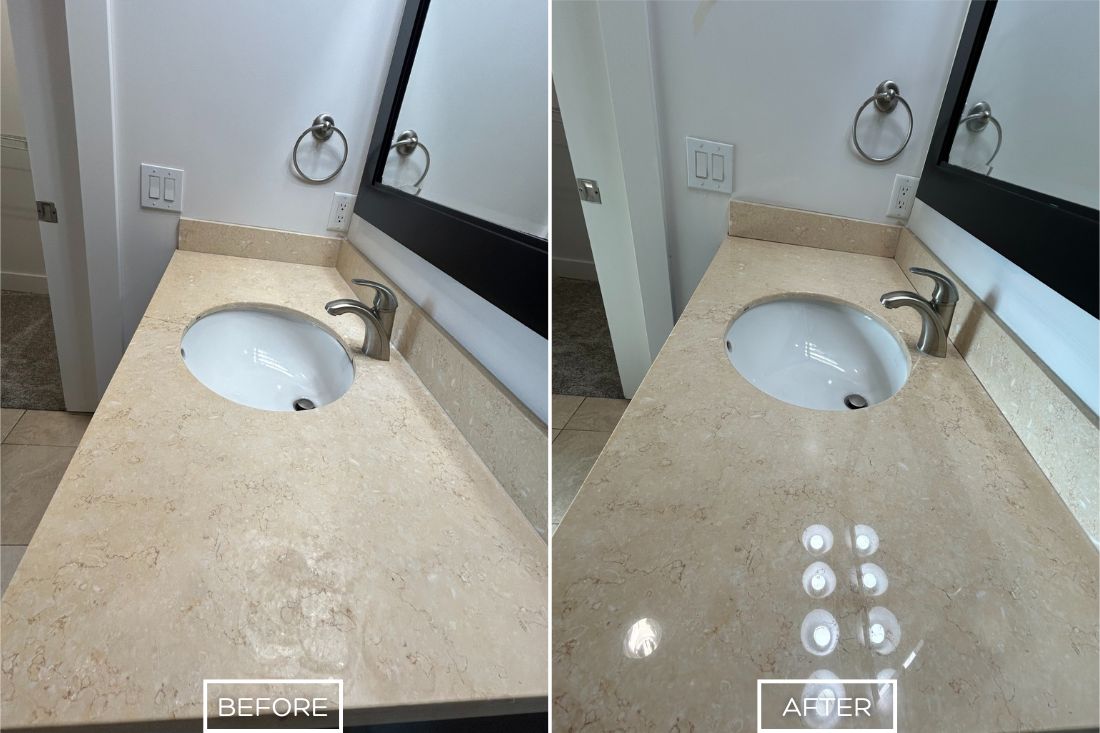 Before and after of marble polishing