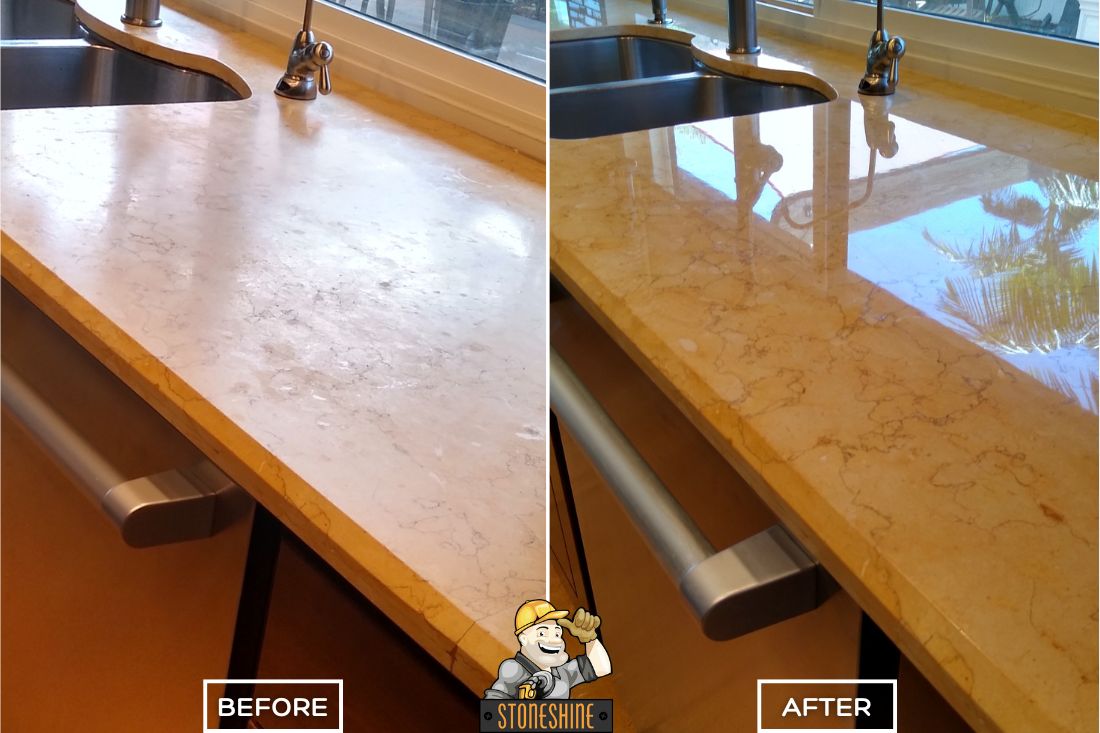 Before and after of StoneShine's marble countertop restoration service in Anaheim. A dull kitchen countertop with etch marks is transformed into a smooth, polished surface with a reflective finish.