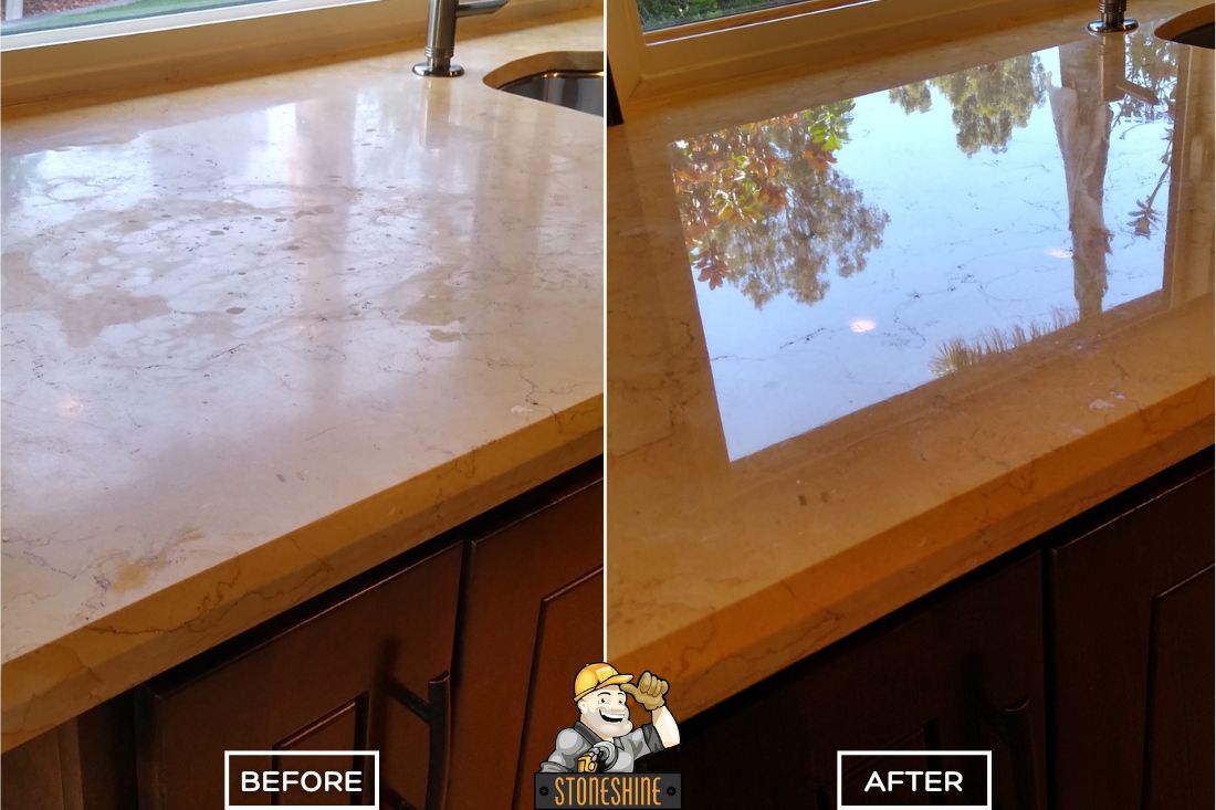 StoneShine marble countertop restoration in Anaheim showing a kitchen surface renewed from dull and etched to bright, polished, and reflective.