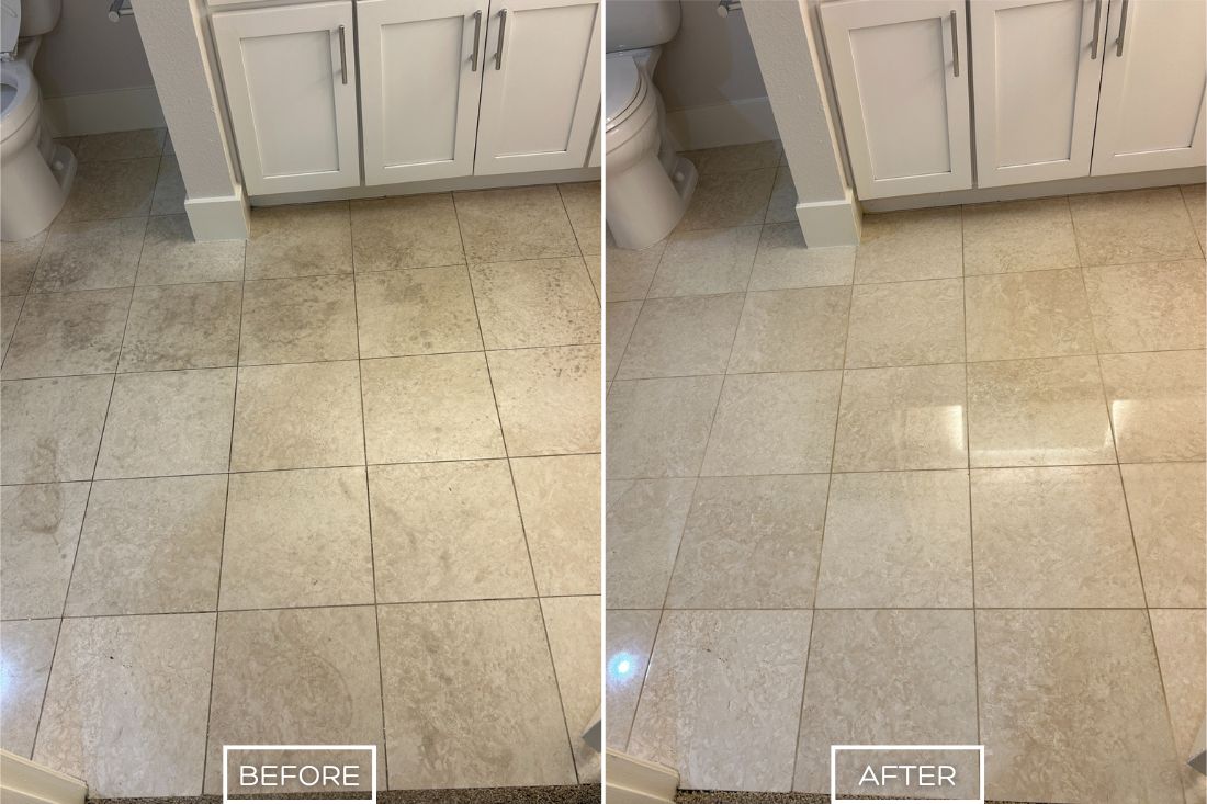 Before and after of marble floor cleaning