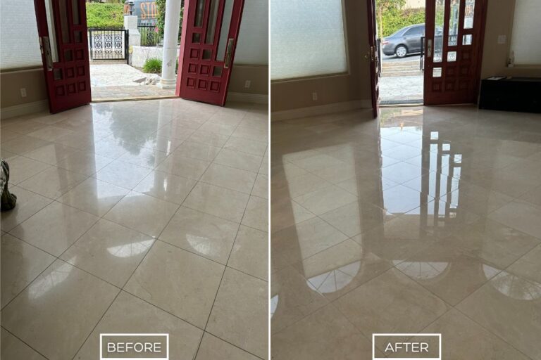 Before and after of marble floor polishing in the entryway