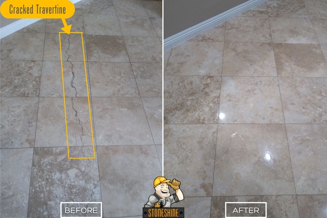 Before and after of StoneShine's travertine crack repair service in Diamond Bar. A cracked travertine tile floor is restored to a smooth, polished, and seamless finish.