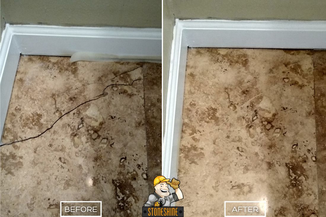 Before and after of StoneShine's travertine tile repair service in San Clemente. A cracked residential floor tile is restored to a smooth and seamless finish.