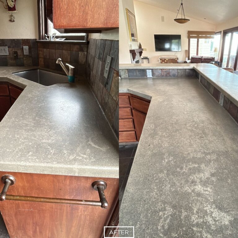Laguna Beach concrete countertops after grinding showing clean sink area and extended bar top.