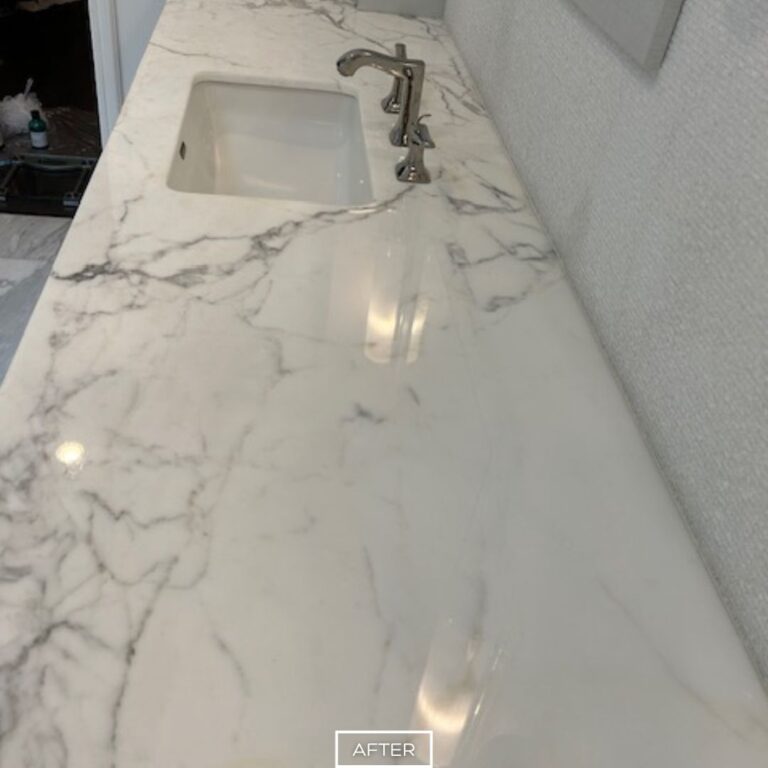 Glossy marble countertop with visible veining and smooth finish after restoration in Los Angeles
