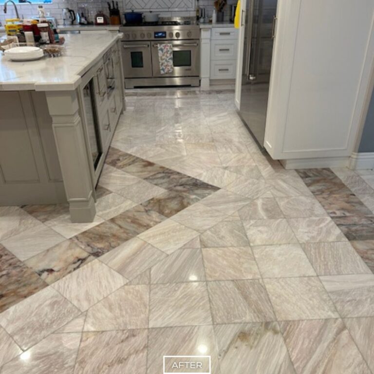 Elegant marble flooring in Beverly Hills kitchen with bright polished finish after restoration
