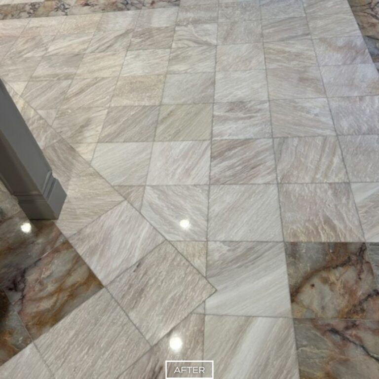 Restored marble floor showcasing border accents and polished surface in Beverly Hills
