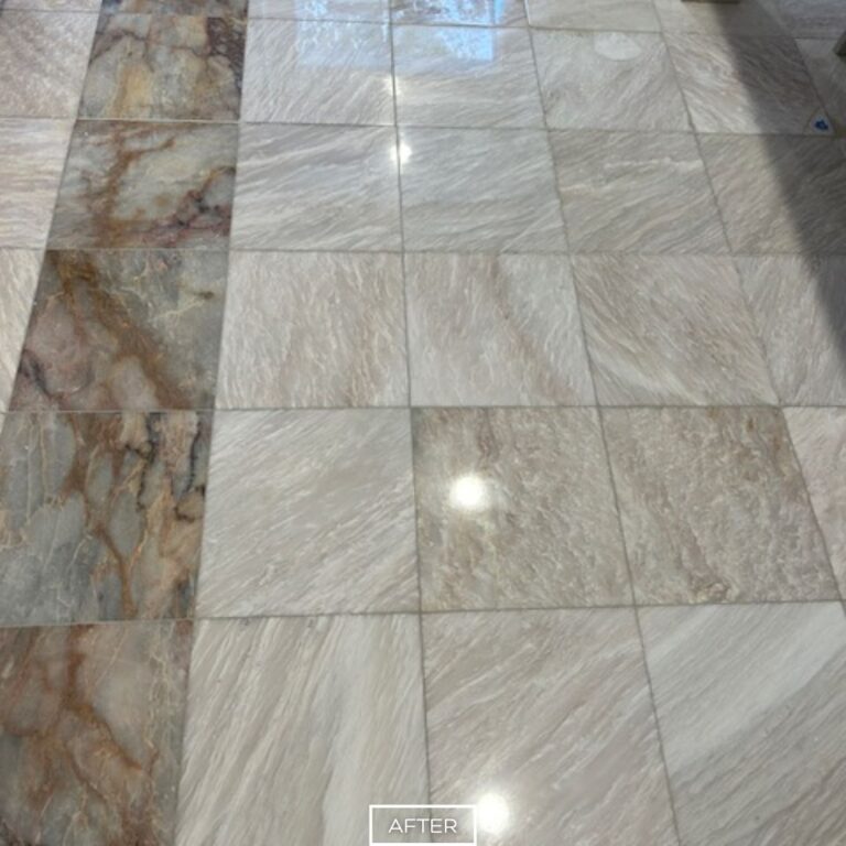 Smooth and glossy marble tiles with detailed veining after restoration in Beverly Hills