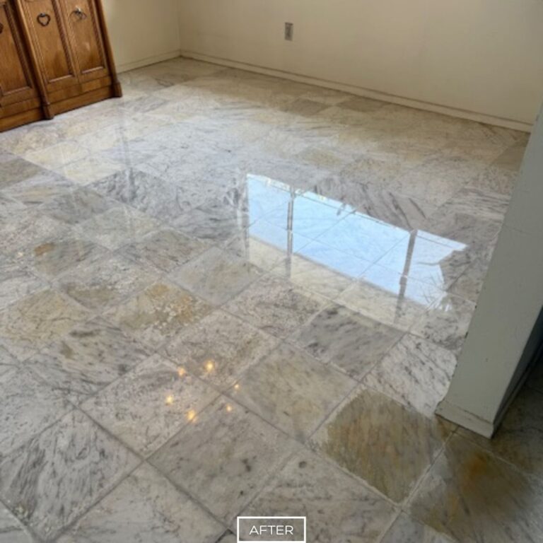 Marble floor reflecting natural light after professional restoration in Seal Beach home