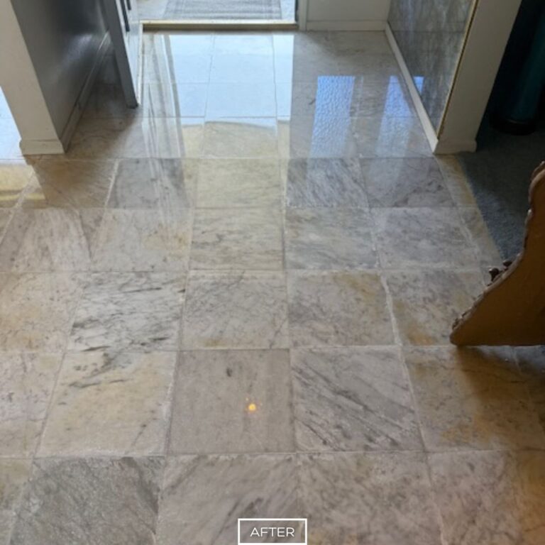 Restored marble floor near entryway with enhanced shine and improved clarity in Seal Beach
