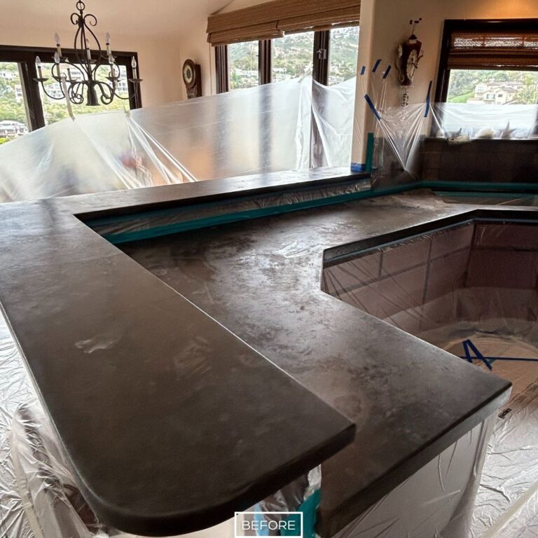 Uneven concrete countertop before grinding in Laguna Beach home