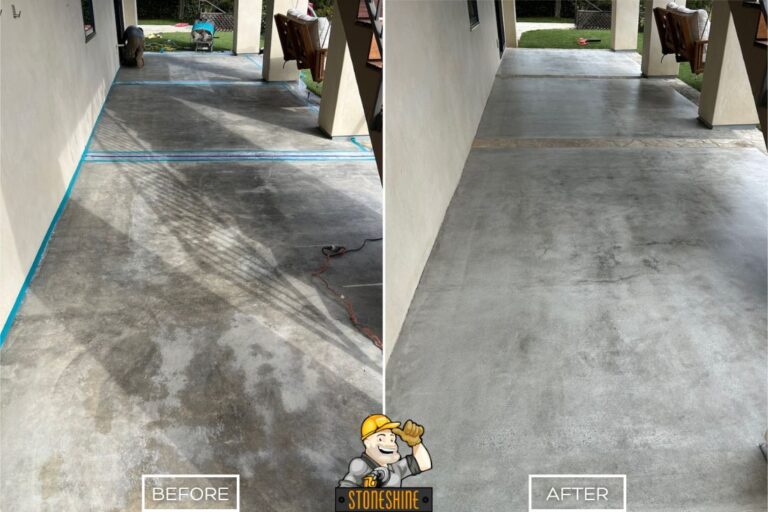 Before and after of StoneShine's concrete grinding service in Palos Verdes Estates. A stained and uneven residential walkway is transformed into a smooth, clean concrete surface for improved appearance and safety.