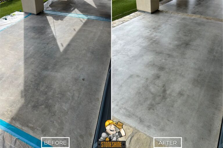 Before and after of StoneShine's concrete grinding service in Palos Verdes Estates. A weathered patio floor is smoothed and revitalized with a clean, even finish for a fresh outdoor look.