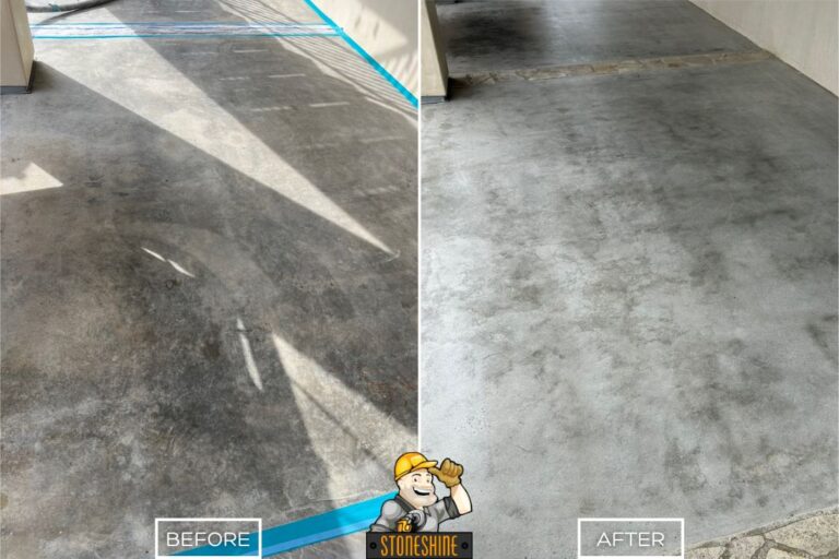 StoneShine's concrete grinding service in Palos Verdes Estates shown before and after. A dull patio walkway is transformed into a smoother and more refined surface, improving both safety and style.