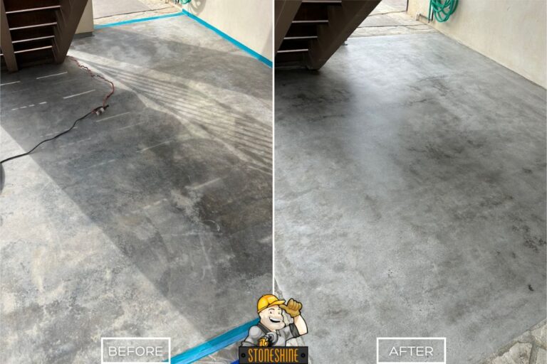 Before and after of StoneShine's concrete grinding for a residential outdoor area in Palos Verdes Estates. A dark, uneven floor is resurfaced into a smooth and brighter concrete finish.