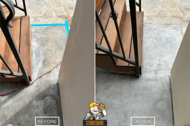 StoneShine's concrete grinding service in Palos Verdes Estates. A stained step landing is restored to a cleaner, smoother concrete surface, enhancing curb appeal and safety.