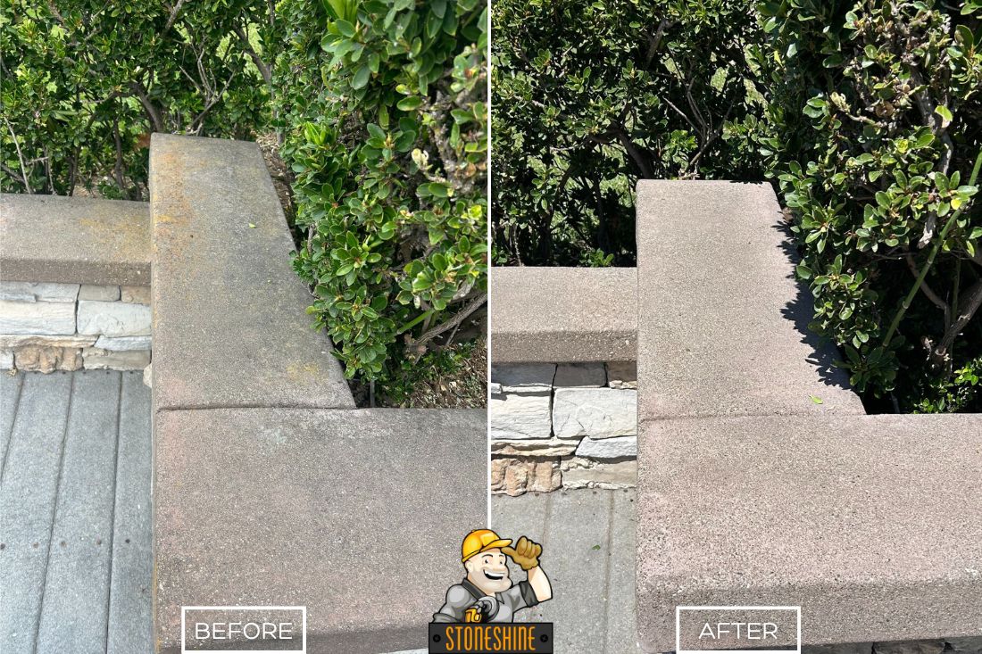 Before and after of concrete wall cap cleaning in Lake Forest.