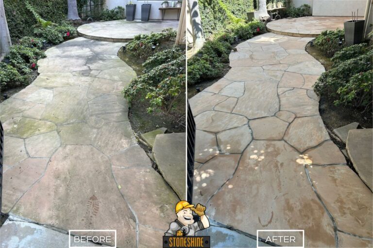 Before and after of flagstone cleaning and sealing in Newport Beach