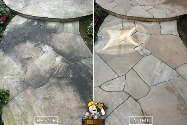 Before and after of cleaning and sealing of the flagstone pathway in Newport Beach, showing heavy dirt, grime, and algae removed to reveal clean natural stone.