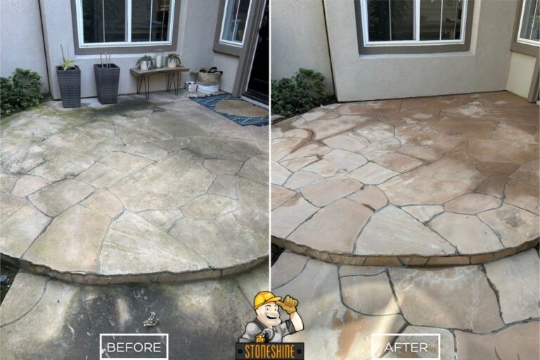 Before and after cleaning and sealing of a flagstone patio in Newport Beach, showing heavy buildup of dark grime, algae, and surface stains removed to reveal a clean, natural stone finish.