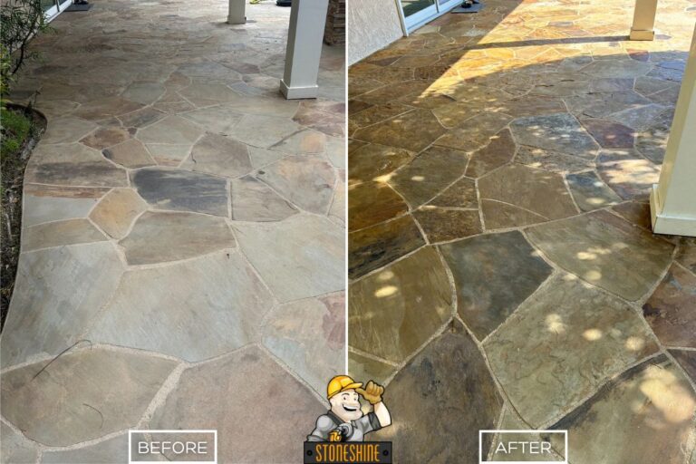 Before and after of flagstone cleaning and sealing in Yorba Linda