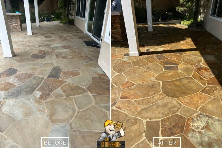 Flagstone cleaning and sealing in Yorba Linda showing significant difference.