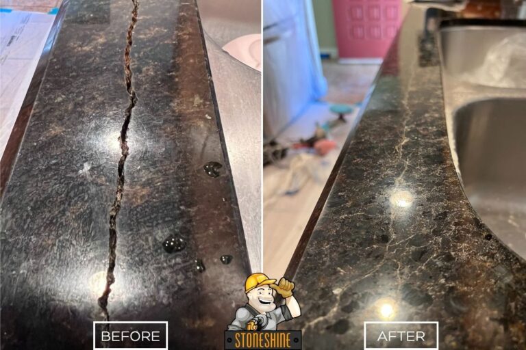 Before and after of StoneShine granite countertop crack repair in Laguna Woods
