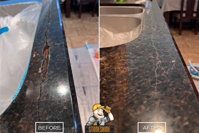 Before and after of granite countertop crack repair in Laguna Woods showing how cracks expertly repaired