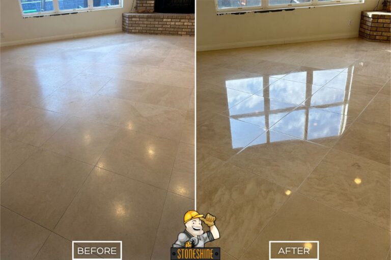 Before and after of limestone floor polishing in a San Juan Capistrano living room, showing transformation from dull surface to a glossy, mirror-like finish by StoneShine.