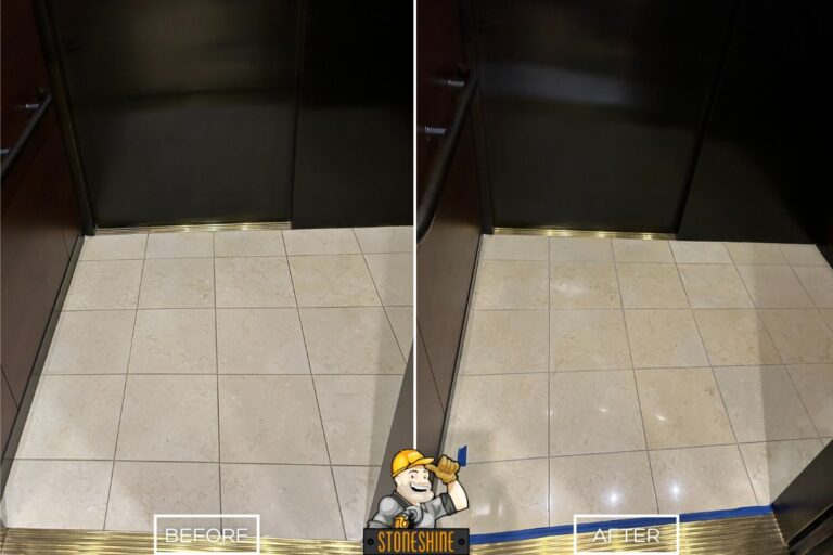 This crema marfil marble floor of the elevator in Beverly Hills was clean and sealed.