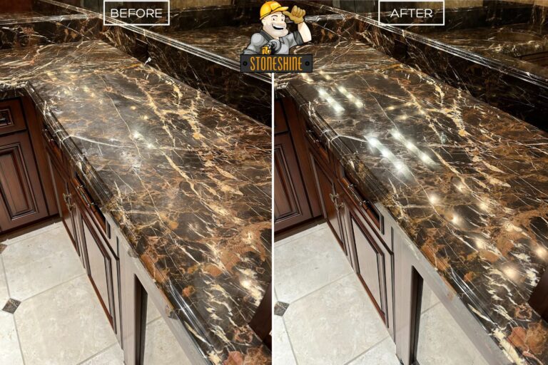 Dark emperador marble countertop restoration in a kitchen of a home in Newport Beach
