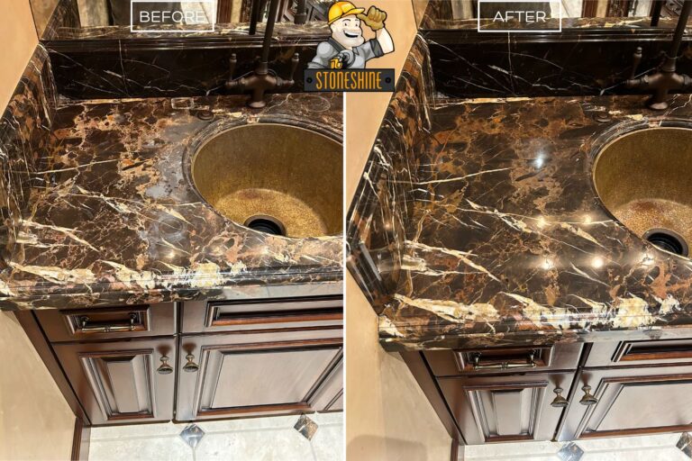 Etching on a dark emperador marble countertop was restored in a Newport Beach home.