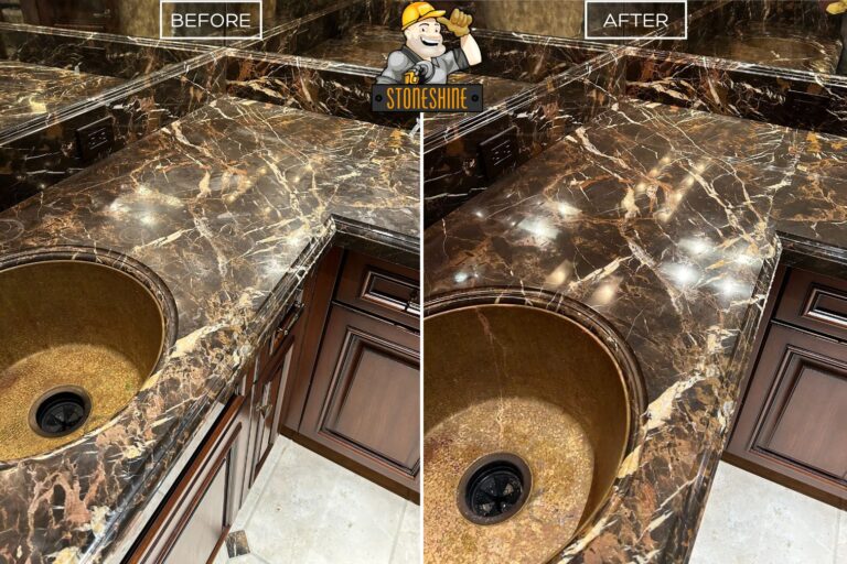 The dullness on a dark emperador marble countertop was clean, polished and sealed in a Newport Beach home.