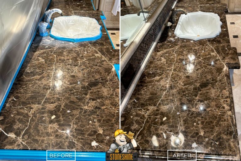 Etching and dullness on a dark emperador marble countertop was restored in Newport Beach.