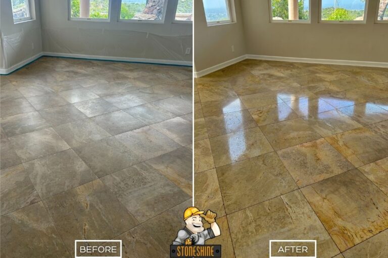 Before and after of marble floor restoration in Newport Beach