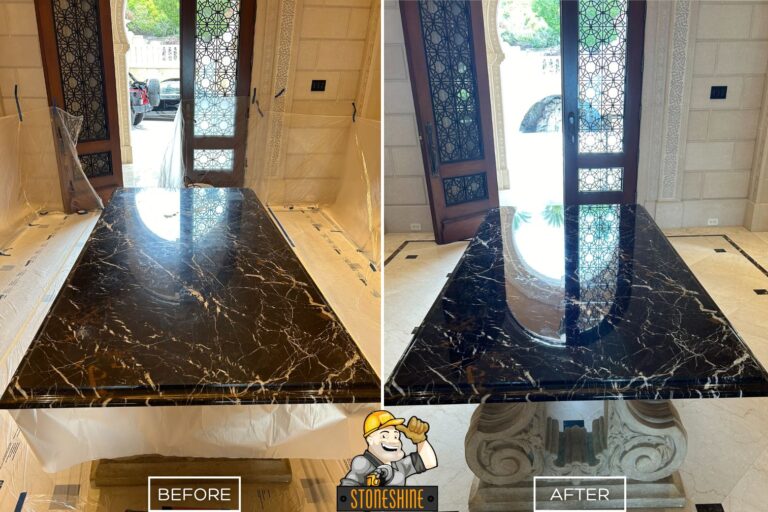 Nero marquina marble table was restored in Newport Beach home.