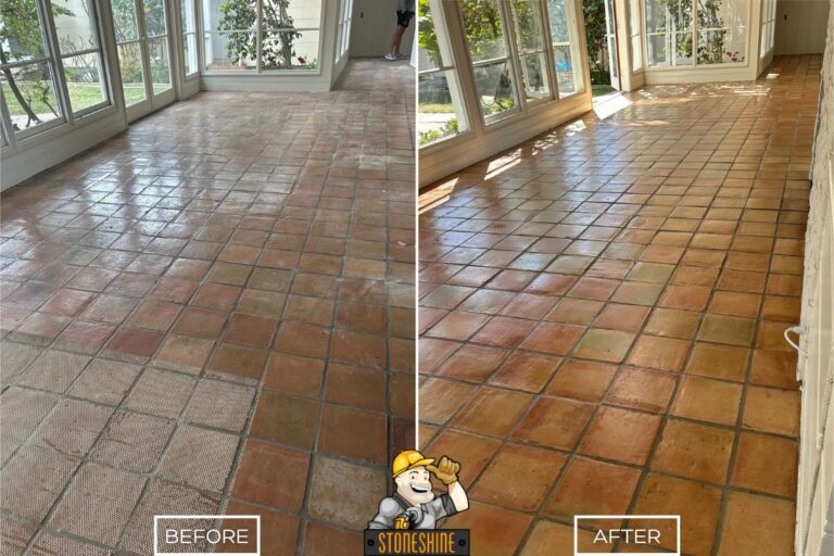 Before and after of StoneShine's Saltillo tile cleaning and sealing service in Rolling Hills Estates. A dull and stained residential sunroom floor is restored to a clean, sealed, and glossy finish, enhancing its natural terracotta tones.
