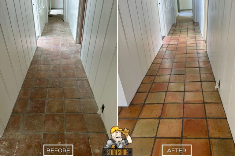 Before and after of StoneShine's Saltillo tile cleaning and sealing service in Rolling Hills Estates. A worn hallway floor is rejuvenated with vibrant color, enhanced clarity, and a sealed, protected finish.
