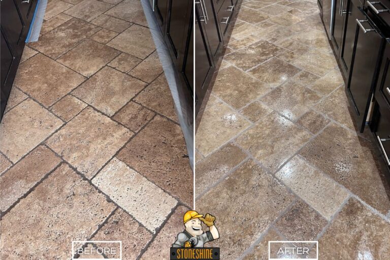 Before and after of travertine floor polishing in San Juan Capistrano